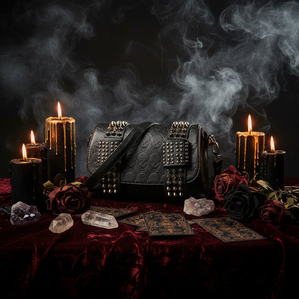 Skull Shoulder Bag, Leather Crossbody with Studs Sorceress Sanctuary