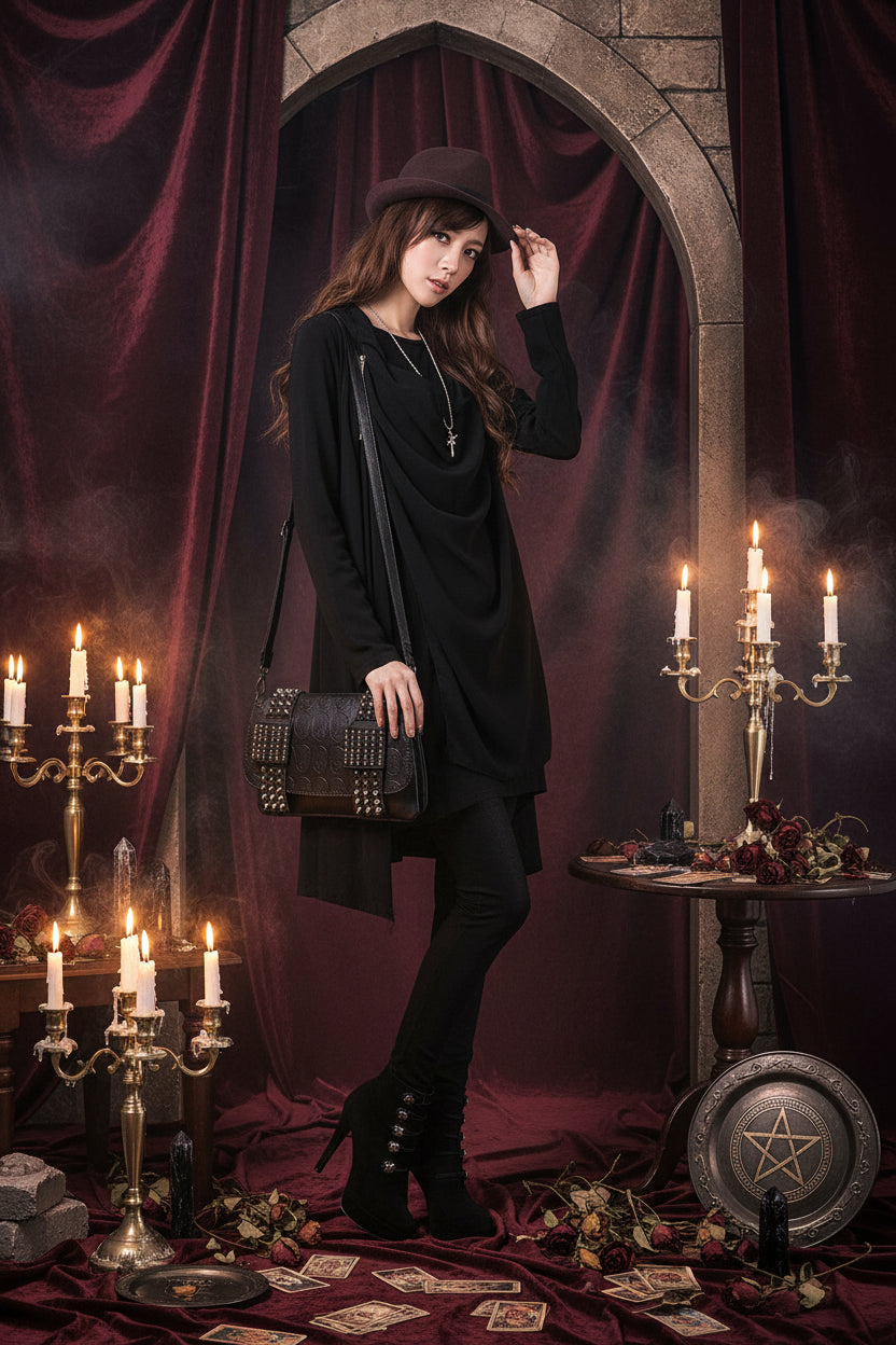 Woman wearing a black outfit with a hat and carrying a studded bag on a white background
