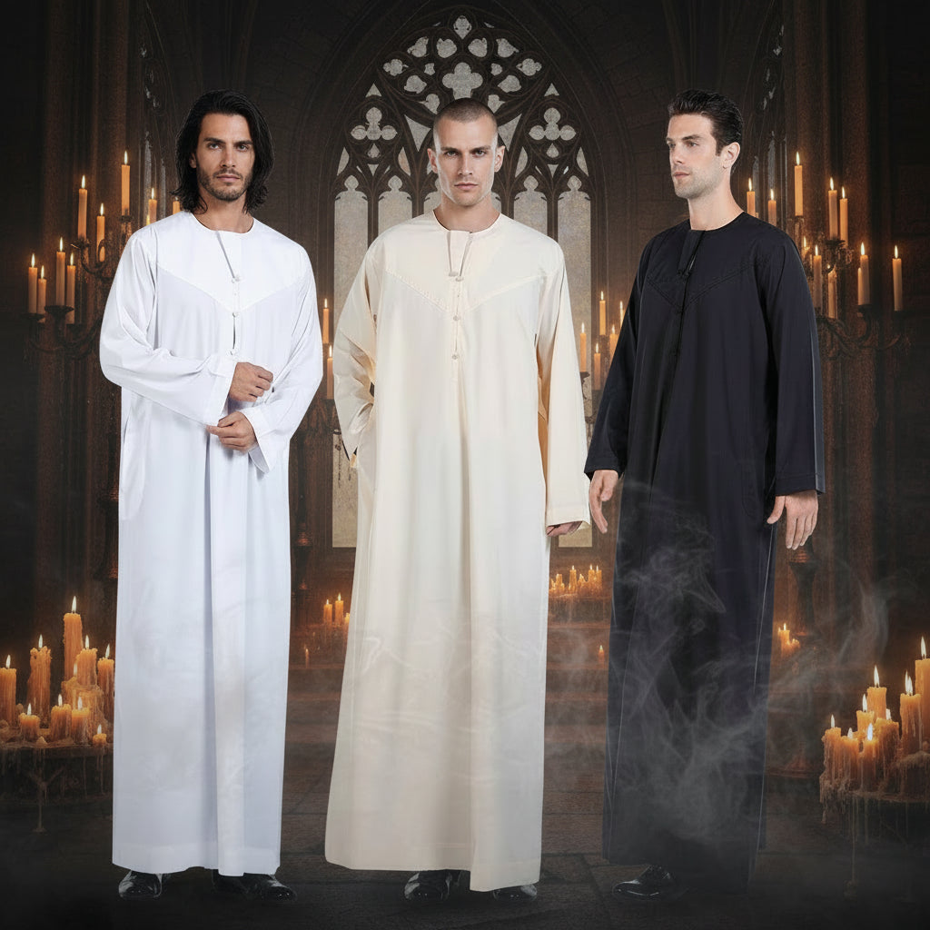 Three men wearing different traditional outfits on a white background