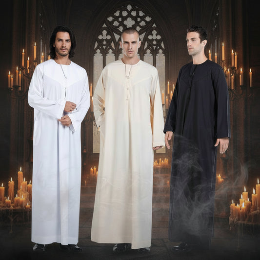 Three men wearing different traditional outfits on a white background