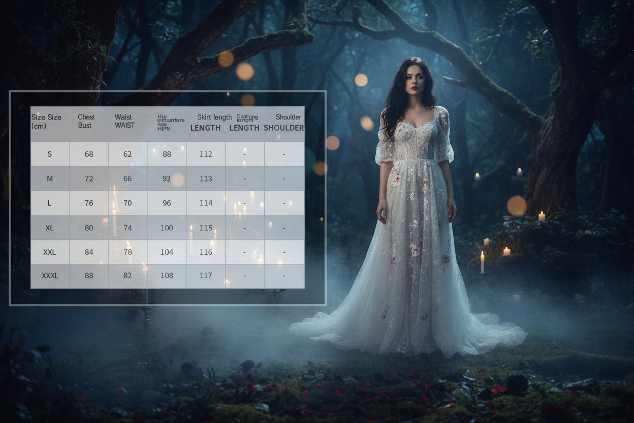 A size chart table on the left with measurements for S through XXXL, alongside a woman modeling a white sleeveless dress on the right in an outdoor garden setting.