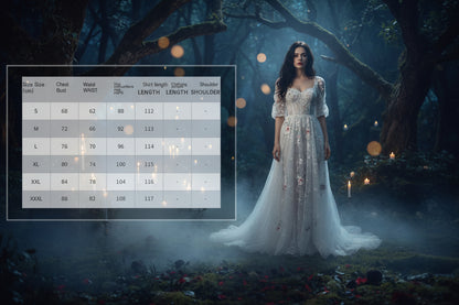 A size chart table on the left with measurements for S through XXXL, alongside a woman modeling a white sleeveless dress on the right in an outdoor garden setting.