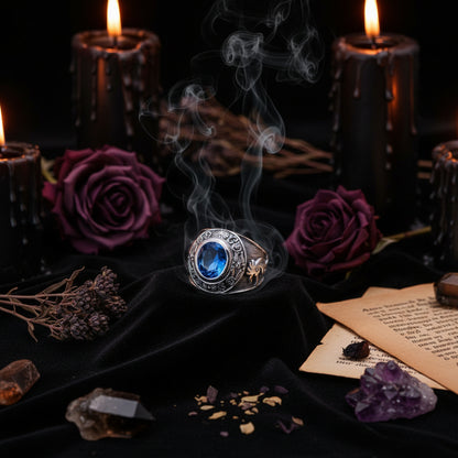 Silver ring with a blue gemstone on a white surface