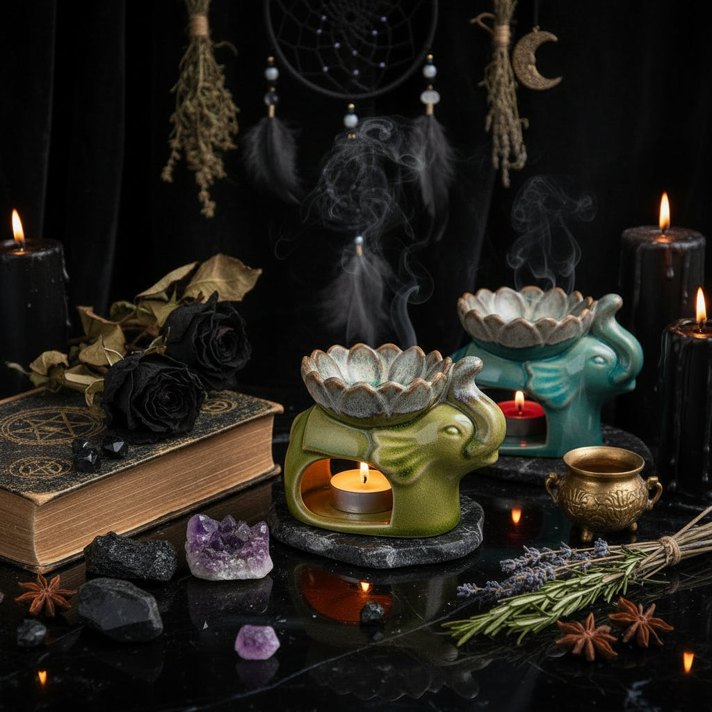 Lotus Ice Crack Elephant Aromatherapy Burner, Ceramic Sorceress Sanctuary