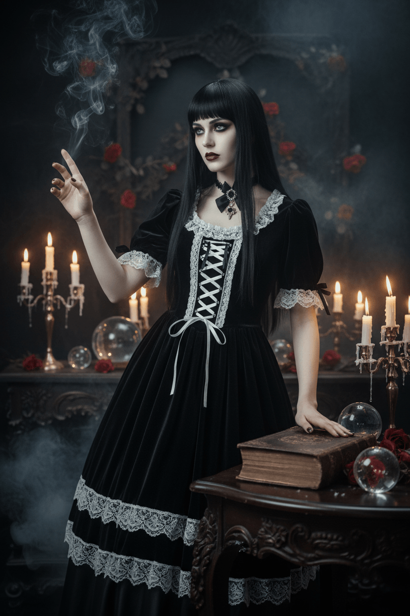 Woman in a black dress with white accents sitting in front of a wooden piano.