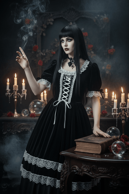 Woman in a black dress with white accents sitting in front of a wooden piano.
