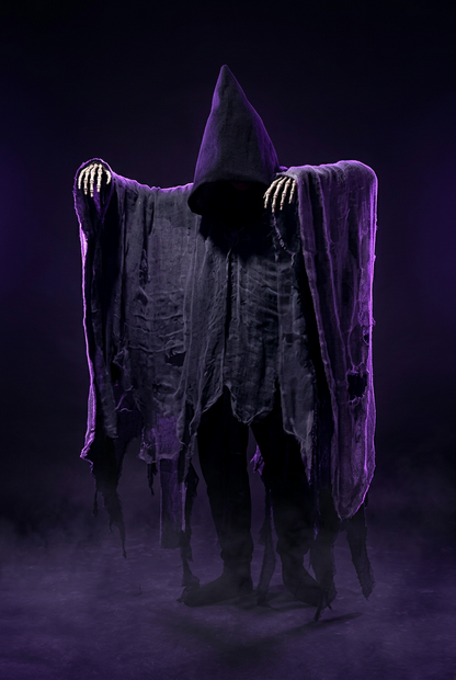 Person wearing a ghost costume with a white sheet draped over them against a plain background