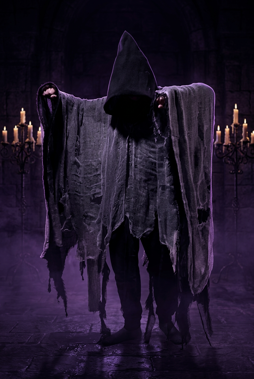 Person wearing a ghost costume with a white sheet draped over them against a plain background
