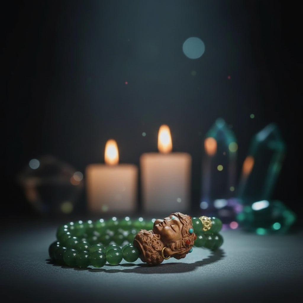 A close-up of a beaded necklace featuring polished green jade-like round beads, a carved wooden pendant shaped like a sleeping Buddha head, and small turquoise and red gemstone accents, set against a neutral gray background.