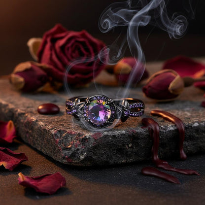 Black gold ring with a colorful gemstone on a dark background