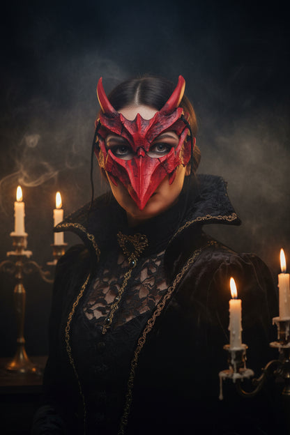 A red horned devil mask with textured details and black drawstrings, shown against a plain white background.