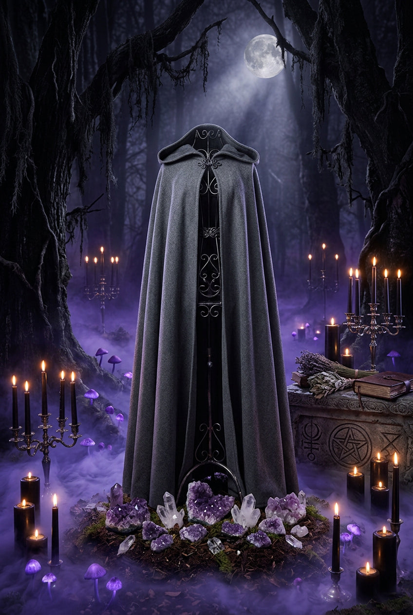 Gray cloak with a hood displayed outdoors against a natural background