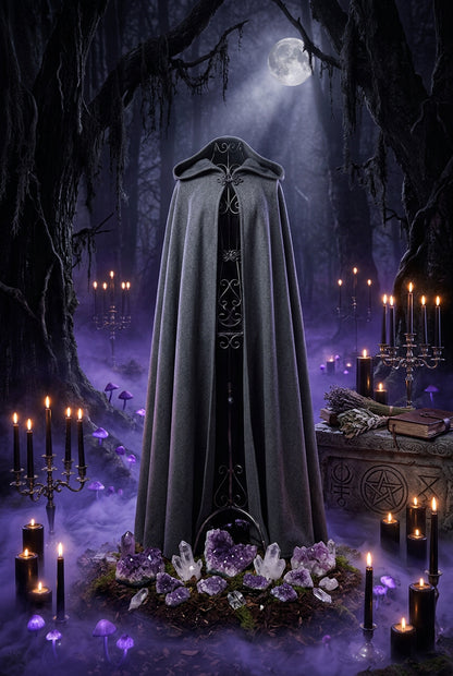 Gray cloak with a hood displayed outdoors against a natural background
