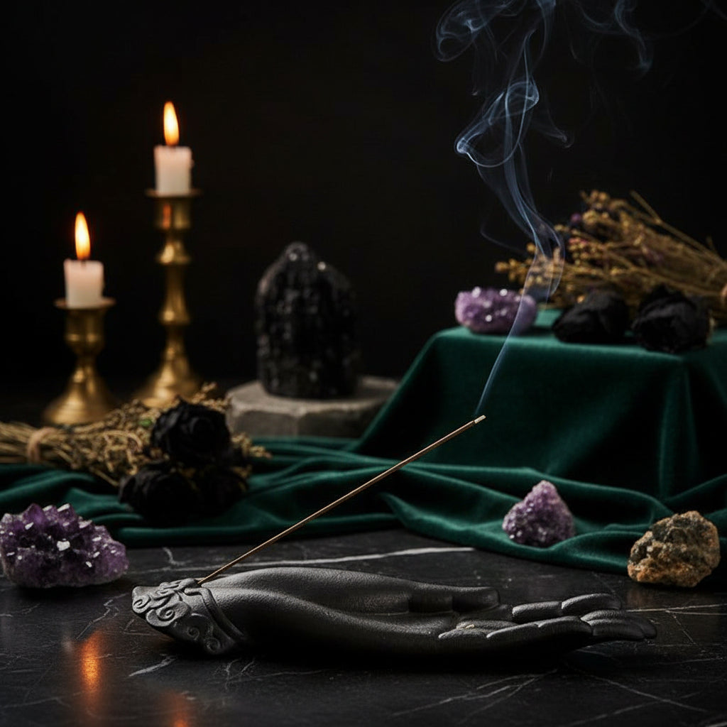 Incense stick burning on a hand-shaped holder with a tea set in the background