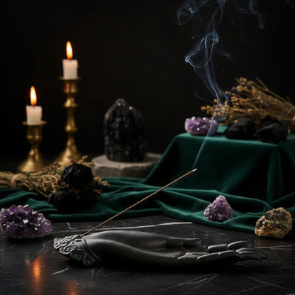 Incense stick burning on a hand-shaped holder with a tea set in the background