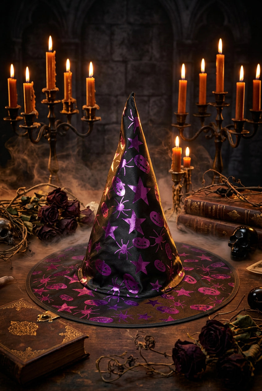 Black witch hat with purple Halloween patterns on a light gray background