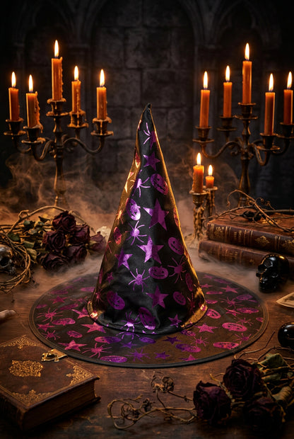 Black witch hat with purple Halloween patterns on a light gray background
