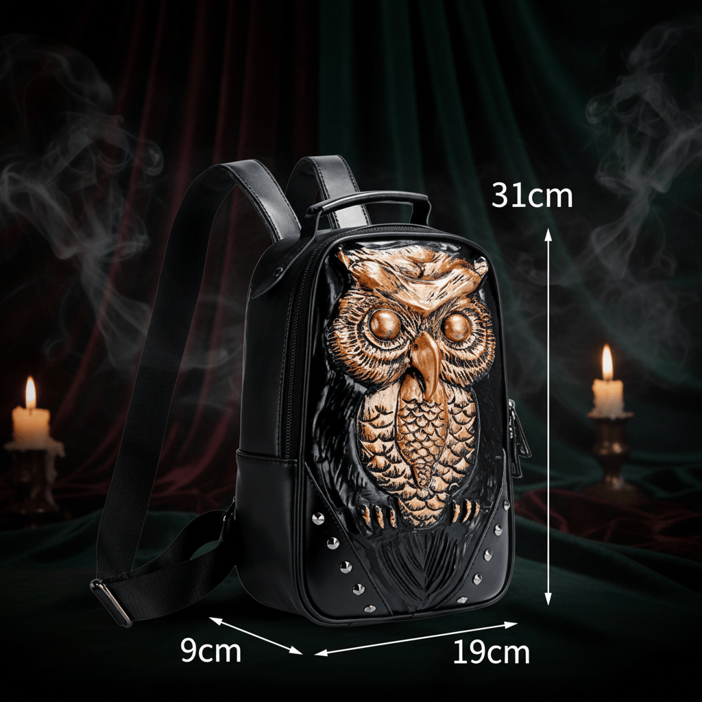 Black faux-leather backpack with a large 3D owl design on the front, shown with dimension markings of 31cm height, 9cm width, and 19cm depth.