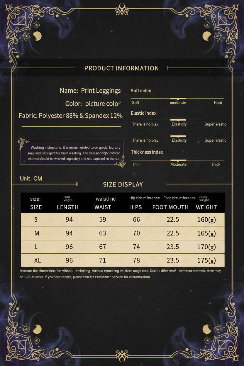 Product information sheet for print leggings showing color description, fabric composition, washing instructions, soft index, elastic index, thickness index, size chart in centimeters, and weight in grams for sizes S through XL.