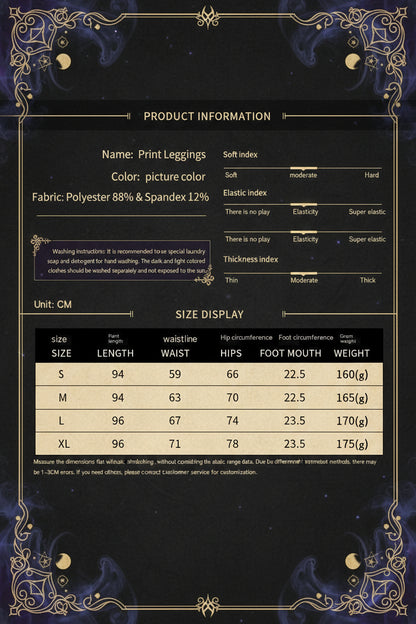 Product information sheet for print leggings showing color description, fabric composition, washing instructions, soft index, elastic index, thickness index, size chart in centimeters, and weight in grams for sizes S through XL.