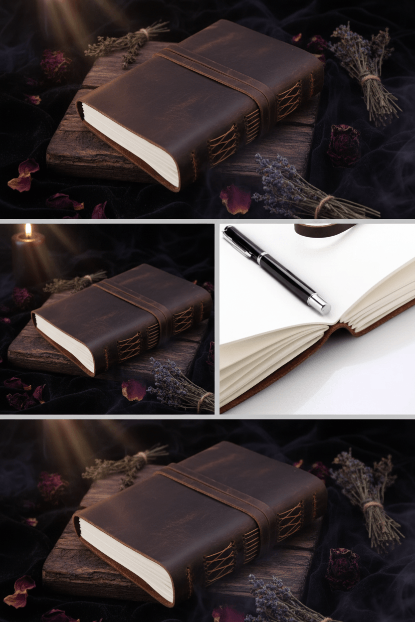 Brown leather notebook with pen on a white background