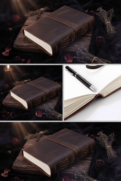 Brown leather notebook with pen on a white background