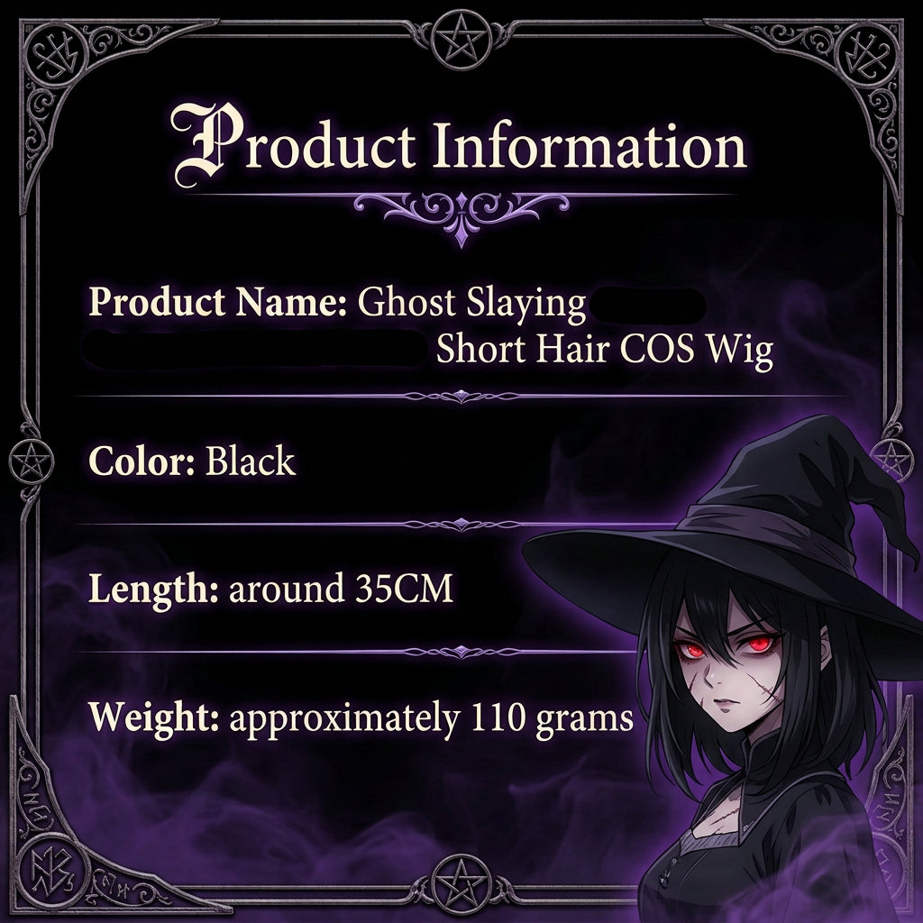 Product information card for a cosplay wig titled 'Ghost Slaying Dance No Sorrow Hot Roll Short Hair'. The graphic shows a character illustration wearing a black wig with a hot roll, a faded large background view of the wig, and a smaller clear foreground view of the wig on the right.