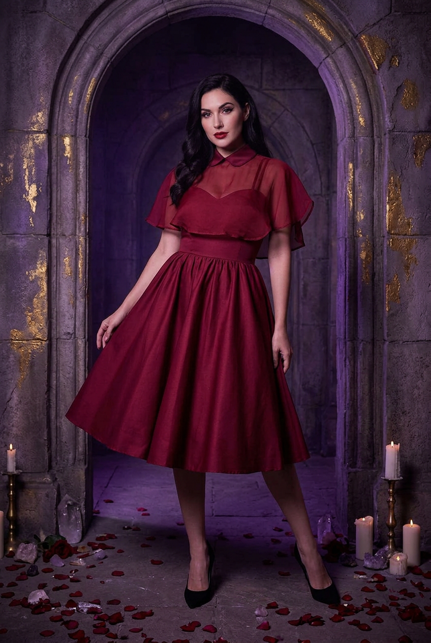 A woman stands in a stone archway wearing a dark red midi dress with a sheer ruffled cap sleeve, a sweetheart neckline, and a full skirt. The scene is lit in purple tones with candles, crystals, and scattered rose petals on the floor.