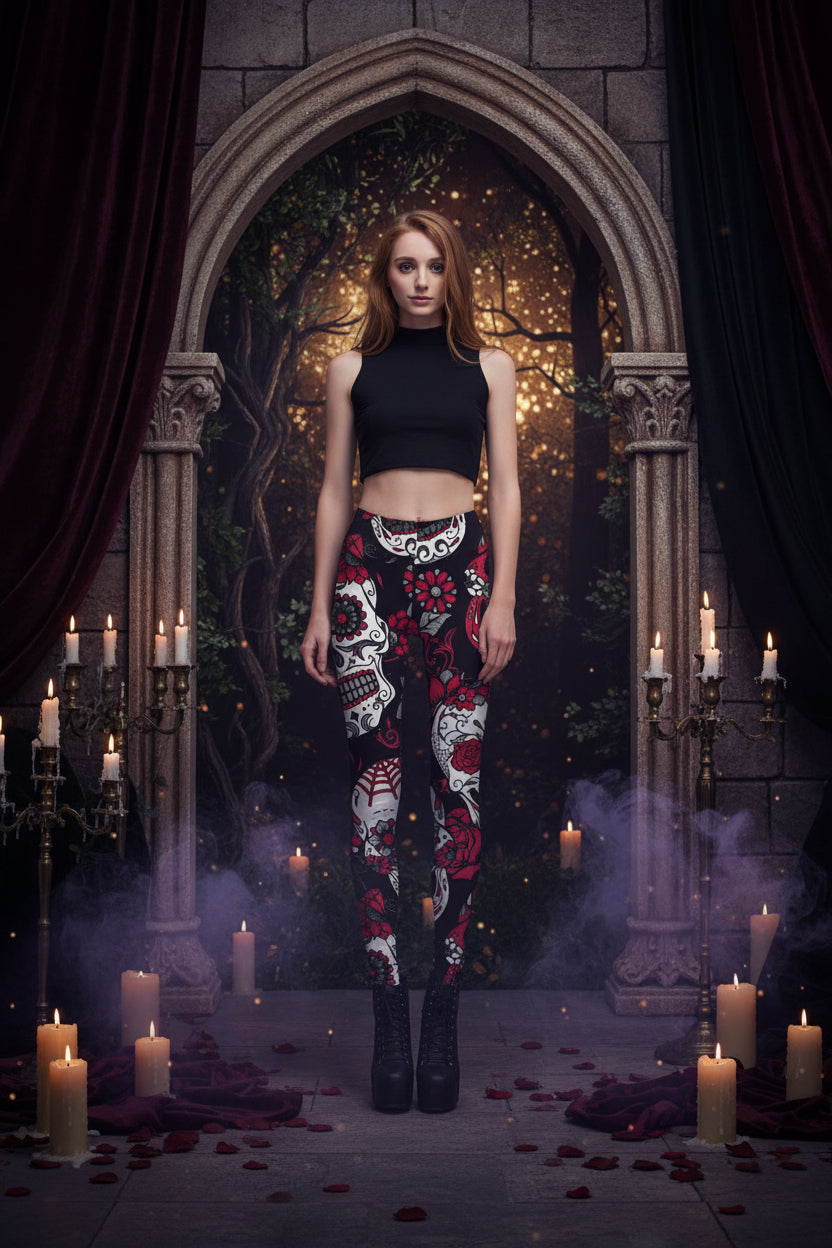 Colorful Skull Floral Leggings with Digital Print Sorceress Sanctuary