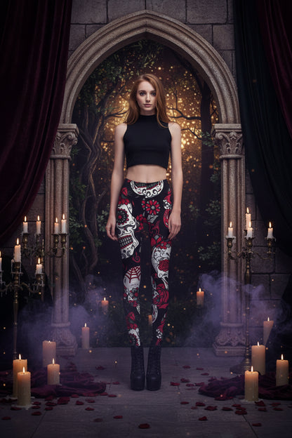 Colorful Skull Floral Leggings with Digital Print Sorceress Sanctuary