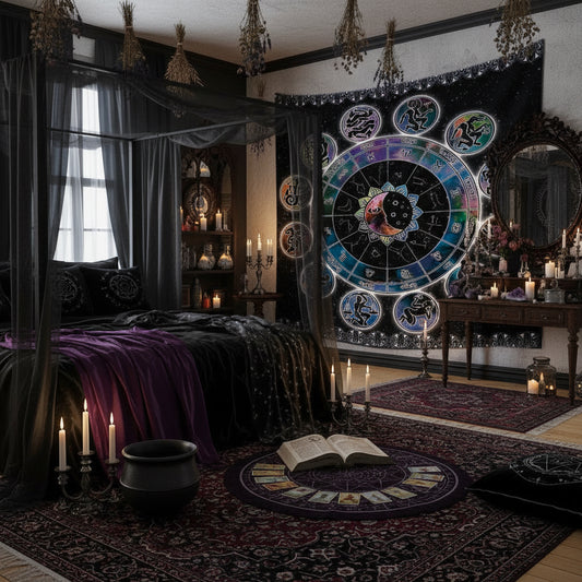 A black astrology zodiac tapestry with colorful circular astrological symbols and a central yin-yang motif, displayed on a wall in a room setting with a wooden floor, a black floor lamp, and decorative vases.