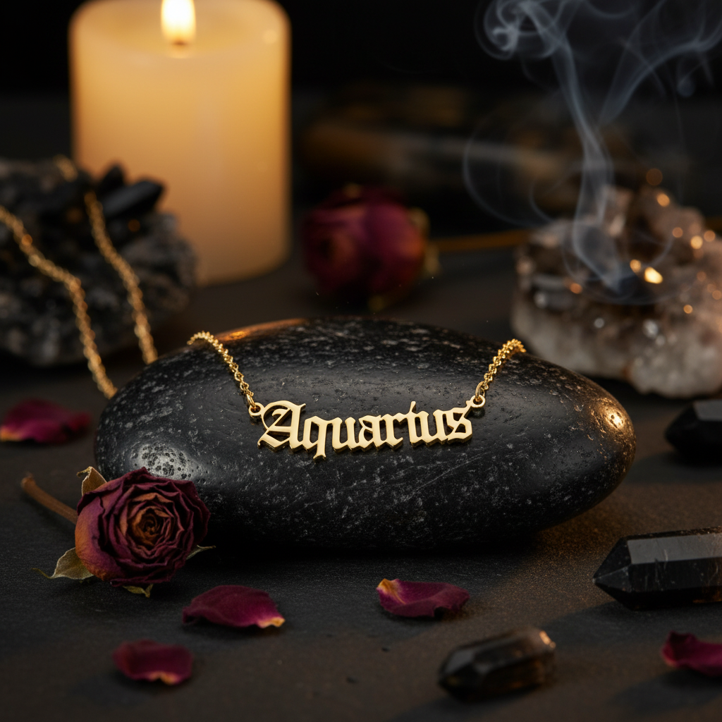 Gold 'Aquarius' necklace on a black background