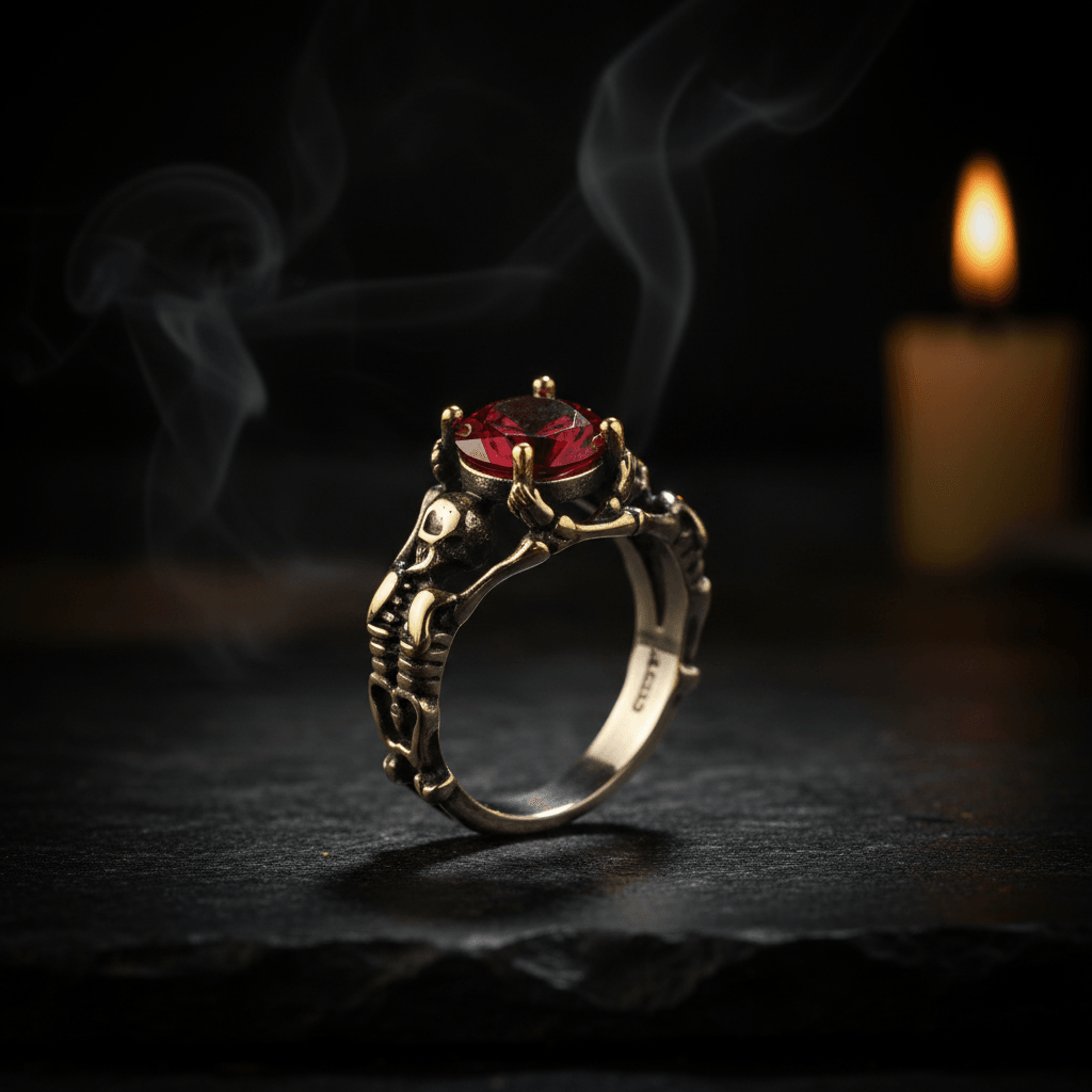 A gothic-style ring worn on a finger, featuring a large faceted red gemstone held by two detailed silver skeleton figures.