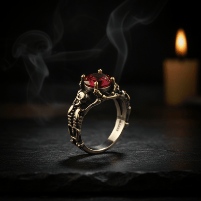 A gothic-style ring worn on a finger, featuring a large faceted red gemstone held by two detailed silver skeleton figures.