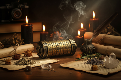 A vintage-style cylindrical combination lock cylinder with engraved lettering and metallic brass/gold-toned panels, resting on a wooden surface with small stones nearby.