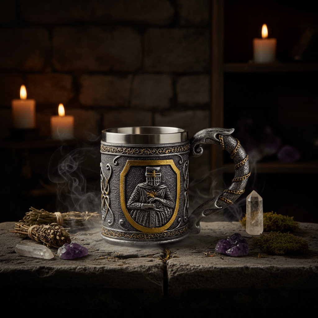 A medieval knight themed metal mug with a dragon-shaped handle, featuring a silver and gold crest of a knight on a shield.