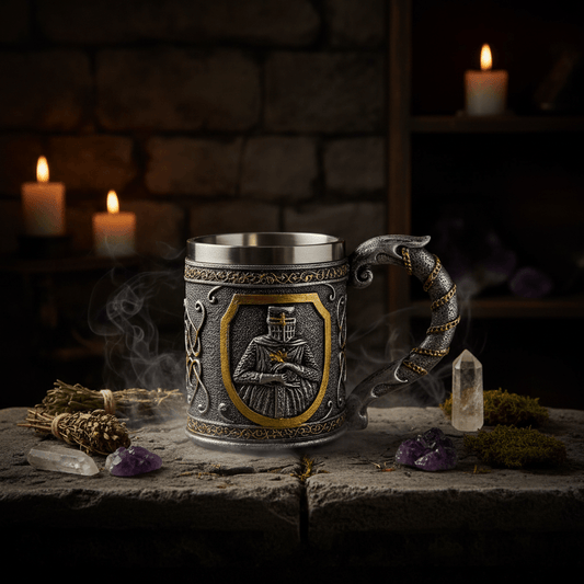 A medieval knight themed metal mug with a dragon-shaped handle, featuring a silver and gold crest of a knight on a shield.
