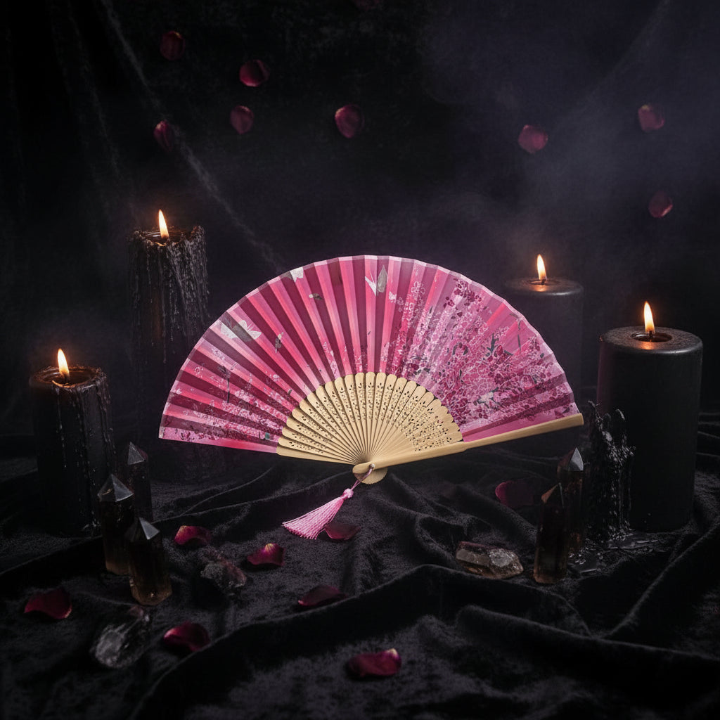 Pink floral folding fan with tassel on a white background with pink flowers