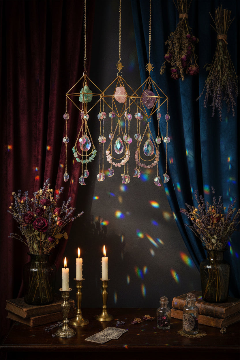Decorative hanging crystal mobile with colorful stones and gold accents on a neutral background