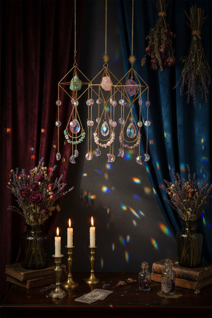 Decorative hanging crystal mobile with colorful stones and gold accents on a neutral background