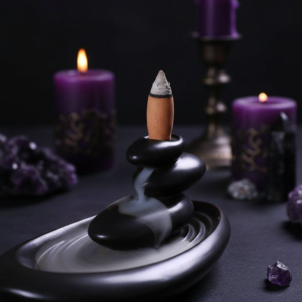 Incense burner with a smoking cigarette on a wooden surface