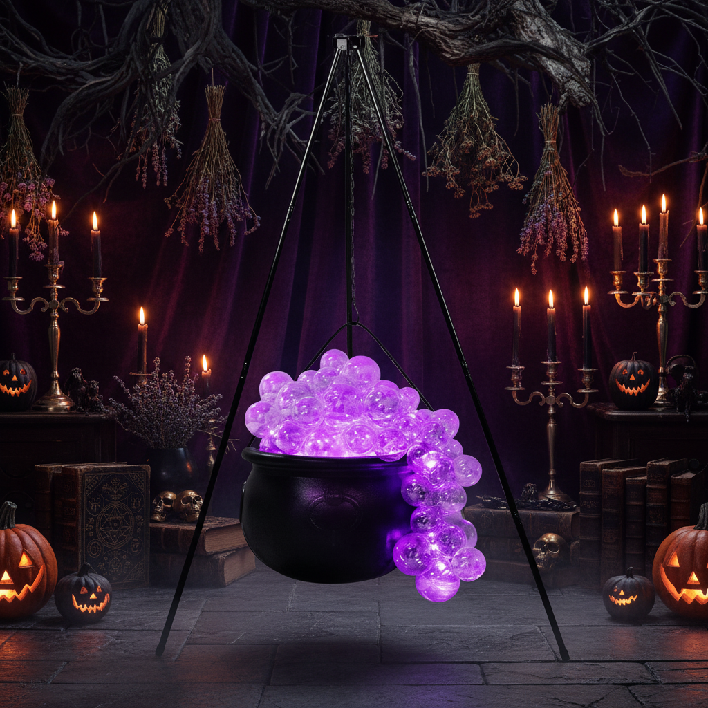 A black cauldron-shaped hanging decoration filled with glowing purple bubble-like beads, suspended from a tripod stand against a dark smoky Halloween background with jack-o'-lantern props at the bottom.