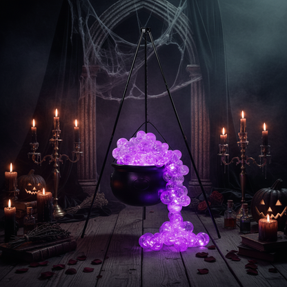 A black cauldron-shaped hanging decoration filled with glowing purple bubble-like beads, suspended from a tripod stand against a dark smoky Halloween background with jack-o'-lantern props at the bottom.