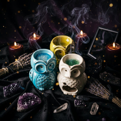 Three colorful owl-shaped ceramic containers on a wooden surface.