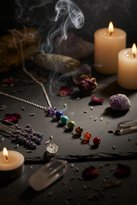 A silver chain necklace featuring a vertical dangle pendant with seven colorful, textured gemstone beads representing the chakras, displayed on a clean white background.