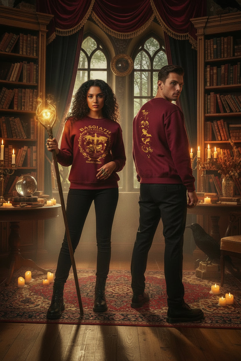 Two maroon sweatshirts with gold designs on hangers against a white background
