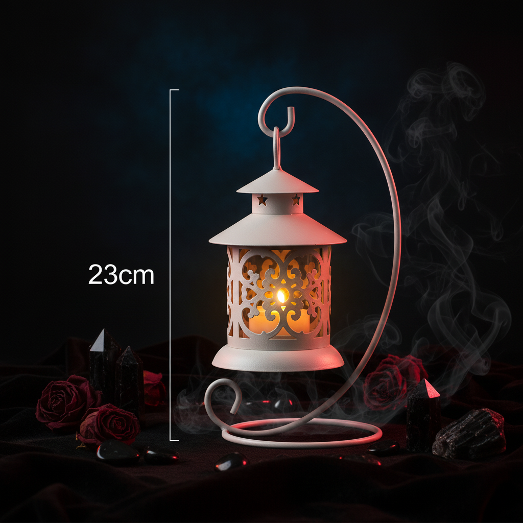 A white metal lantern candle holder with an ornate cutout pattern and curved stand, shown on a tabletop with a vase of purple flowers and a wall in the background. A vertical measurement marker indicates 23cm.