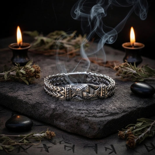 A silver-toned braided bracelet with an ornate central clasp featuring a bird motif, displayed on a dark textured stone surface.