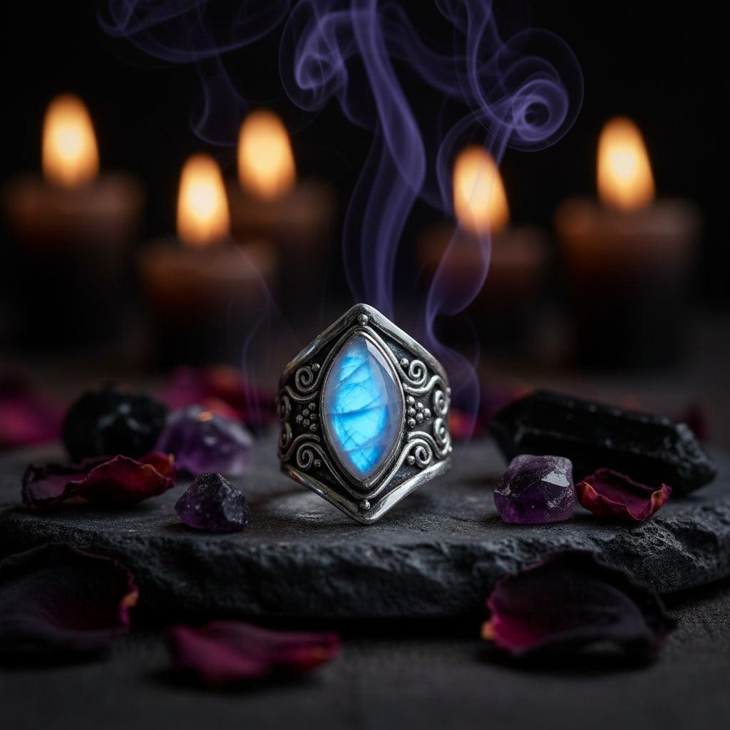 Silver ring with a blue gemstone on a wooden surface