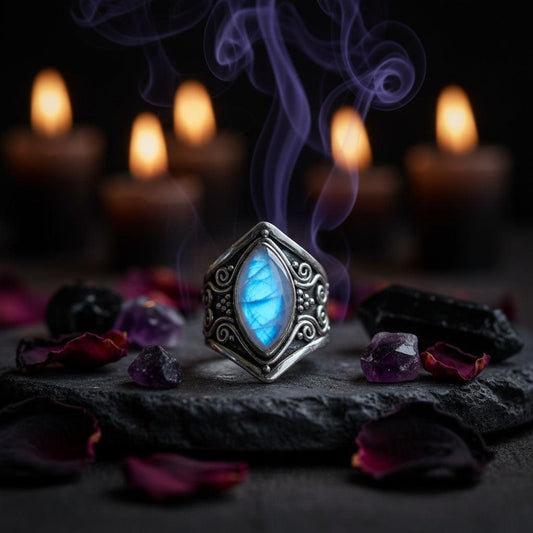 Silver ring with a blue gemstone on a wooden surface